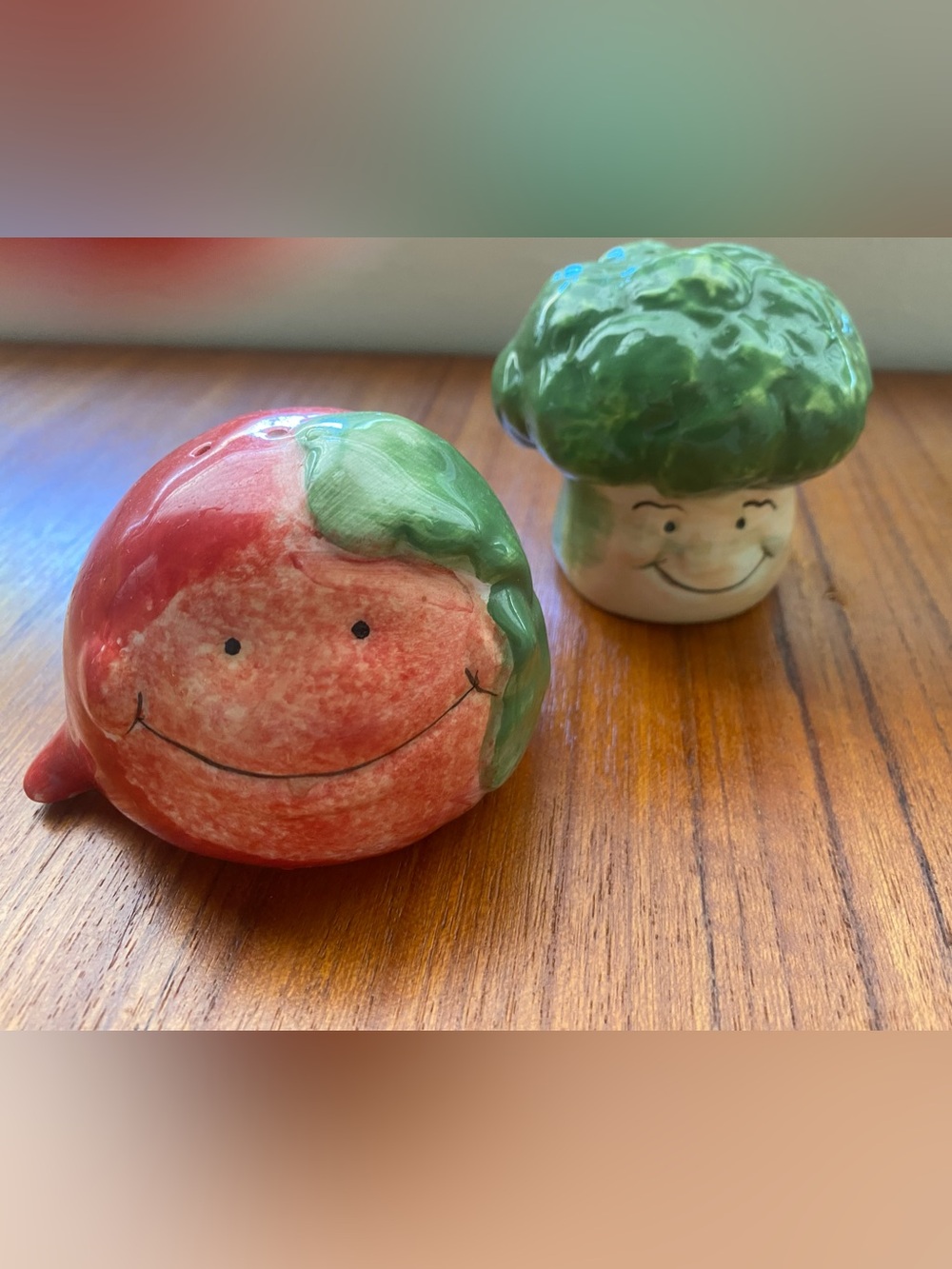 Cute Vintage Anthropomorphic Ceramic Radish & Broccoli Salt and Pepper Shakers